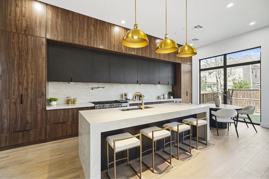 Impact rated aluminum casement windows installed in modern kitchen elevation